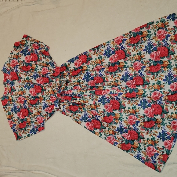 Vintage 80's dress floral roses polyester elastic waist full skirt sz medium - Picture 9 of 10